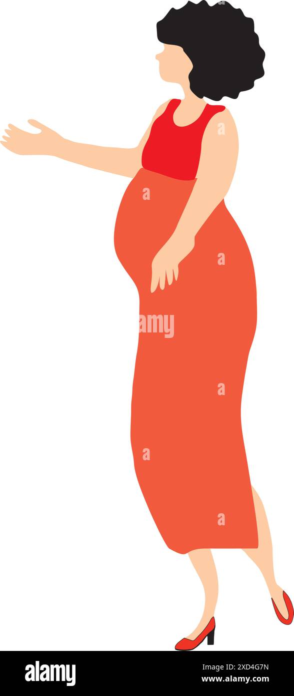Brünette schwangere Frau mit einem roten und orangen Kleid auf weißem Hintergrund Stock Vektor