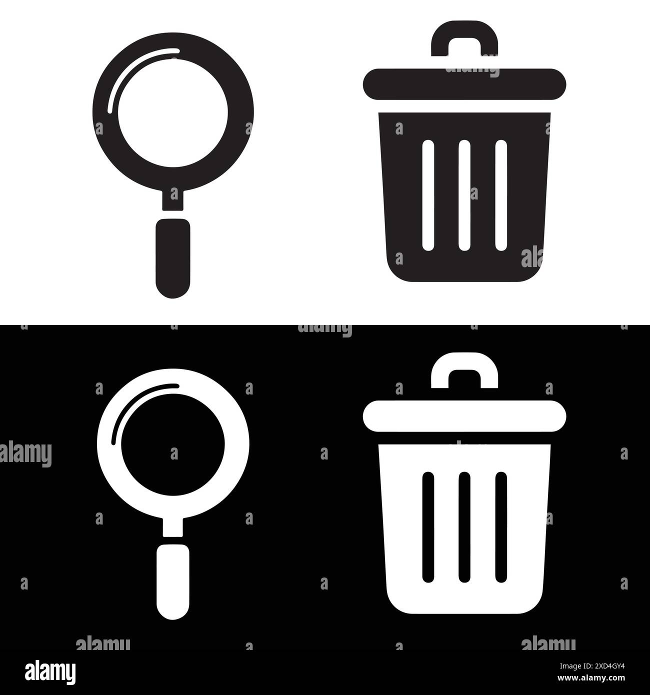 Symbol für Suche und Papierkorb, Symbol für Papierkorb, Symbol für Papierkorb Stock Vektor