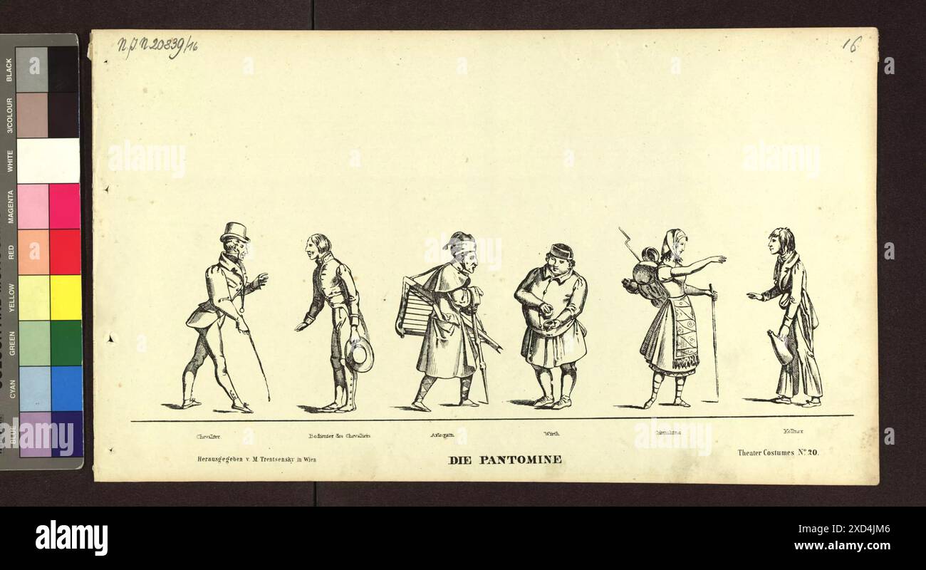 Altwiener Mandlbogen - Theaterfiguren (Blatt Nr. 20, die Pantomine), aus der Serie „Theaterkostüme“ Matthäus Trentsensky (1790–1868), Verlag Wien Museum, Scan, Schauspieler (auf der Bühne) um 1832–1860 Stockfoto