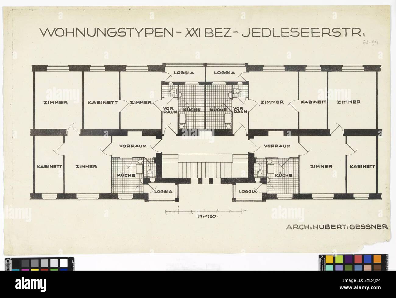 Grundriss des Wohnkomplexes Karl-Seitz-Hof in der Jedleseer Straße 66–94, entworfen von Hubert Gessner um 1926. Erhalten im Wien Museum, mit Apartmentlayouts. Stockfoto
