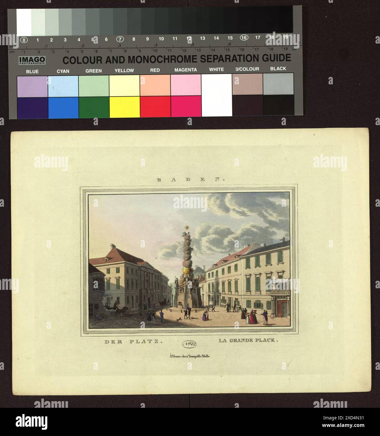 Darstellung des badischen Hauptplatzes mit der Pestsäule von Joseph und Eduard Gurk um 1825 mit urbanem Freiraum, bürgerlichen Strukturen und öffentlichen Versammlungsräumen. Stockfoto