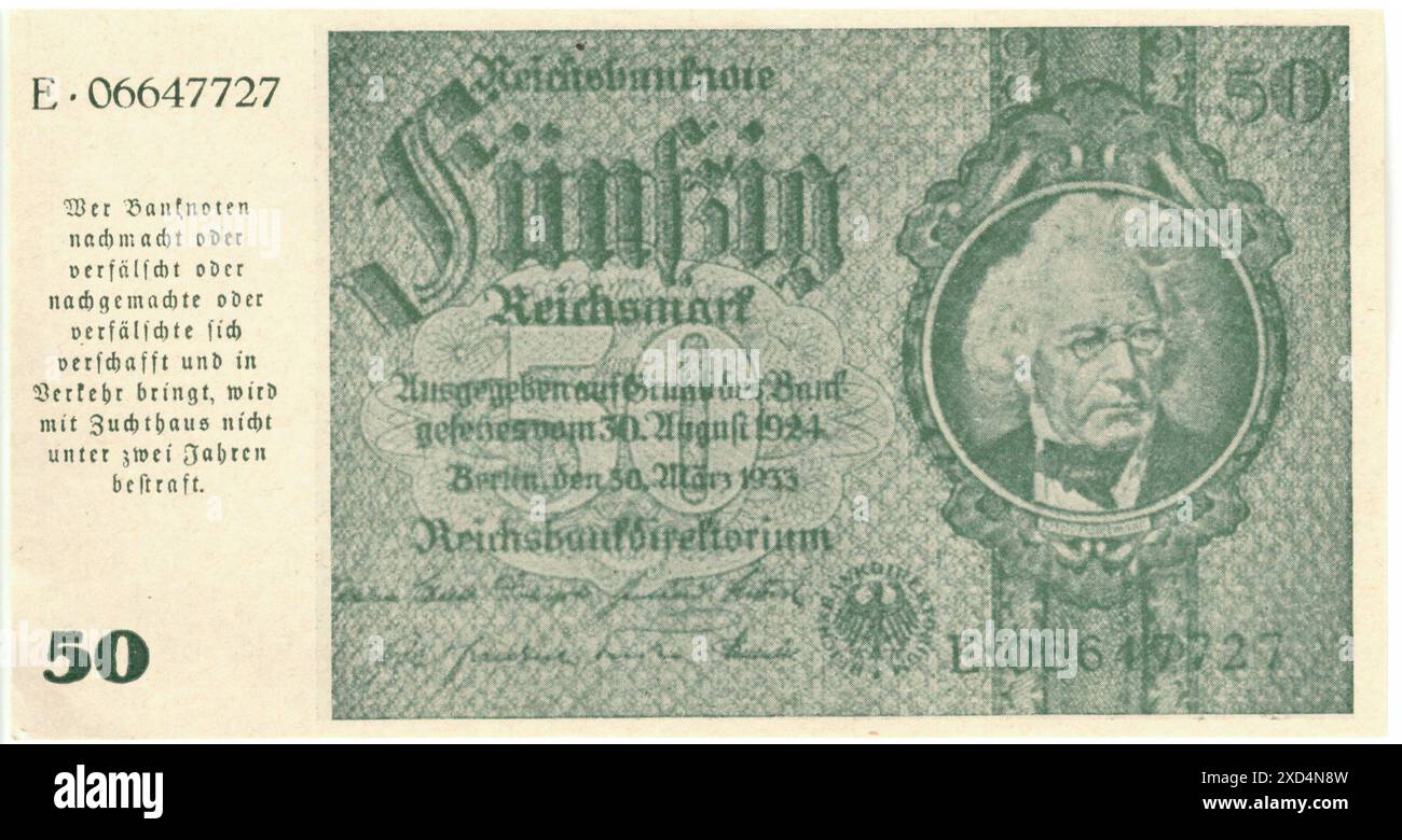 Gefälschte 50-Reichsmark-Banknote mit dem Porträt von David Justus Ludwig Hansemann, entworfen vom Künstler Paul Scheurich für die Deutsche Reichsbank nach März 1933, mit Details zu Fälschung und Druck. Stockfoto