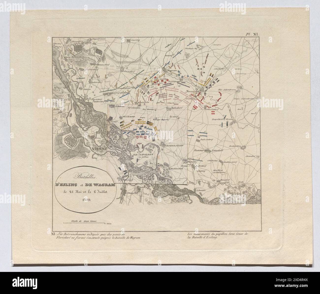 Karte mit den Schlachten von Aspern-Essling am 21./22. Mai 1809 und Wagram am 5./6. Juli 1809. Der Plan zeigt die Truppenpositionen und das Schlachtlayout für Archivierungszwecke. Stockfoto