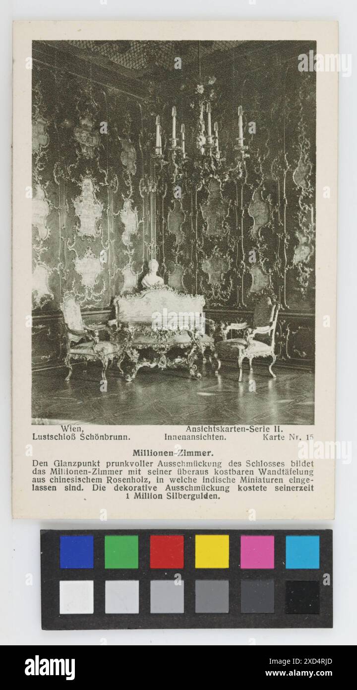 Innenraum des Millionen-Zimmers auf Schloss Schönbrunn mit kunstvollen architektonischen Details und Möbeln, ca. 1924–1925. Stockfoto