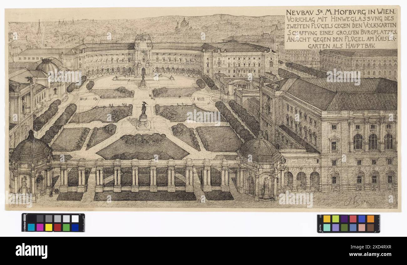 Vogelperspektive der Wiener Hofburg-Erweiterung durch den Architekten Friedrich Ohmann (1858–1927) und Peter Kainz mit dem Heldenplatz um 1906. Stockfoto