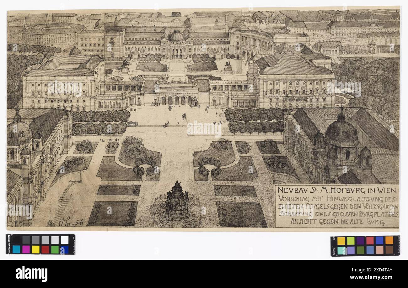 Aus der Vogelperspektive der Wiener Hofburg-Erweiterung um 1906 von Friedrich Ohmann mit Bauplänen wie Maria-Theresien-Platz und Heldenplatz. Stockfoto