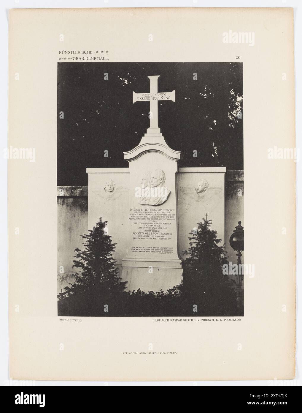 Friedhof Hietzing, Grabdenkmal Adolf Ritter Weiss von Tessbach und Gattin, Bildhauer Kaspar Ritter von Zumbusch (Blatt Nr. 30 aus: Künstlerische Grabdenkmale. Moderne Architektur & Plastik von Friedhöfen und Kirchen in Oesterreich-Ungarn, Serie 1, Anton Schroll & Co., Wien) Anton Schroll & Co., Verlag Leonhard Hilzensauer, Grabbau, Monumentalgrab, Skulptur, Grab, Grabmal um 1910 (Jahr der Veröffentlichung) Stockfoto