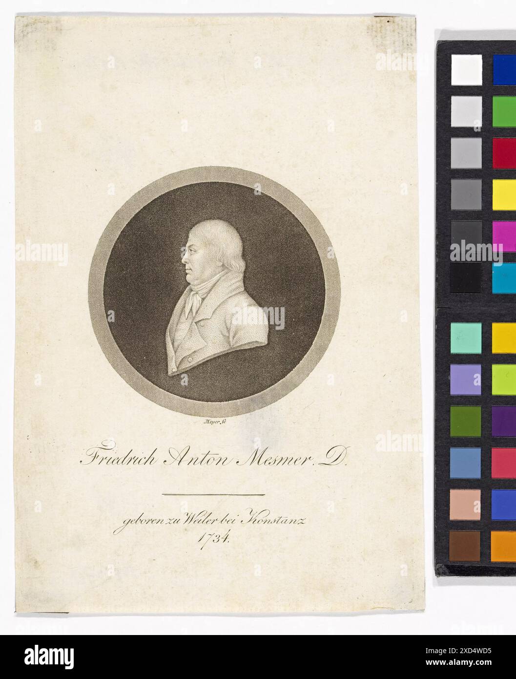 Kupferstich des österreichischen Arztes Franz Anton Mesmer, der um 1790 geschaffen und Johann Heinrich Meyer zugeschrieben wurde. Erhalten in der Sammlung des Wiener Museums. Stockfoto