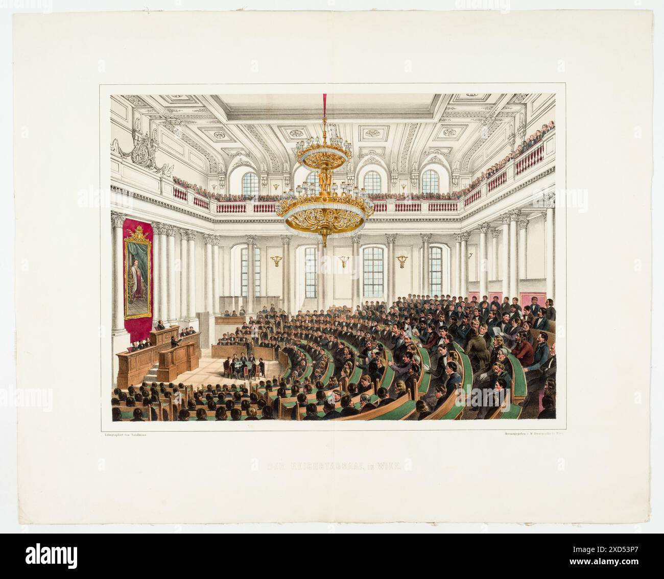 Lithografie zur Reichstagssitzung in der Wiener Winterreitschule am 10. Juli 1848, die Delegierte und Zuschauer in der Hofburg während der revolutionären Versammlung zeigt. Stockfoto