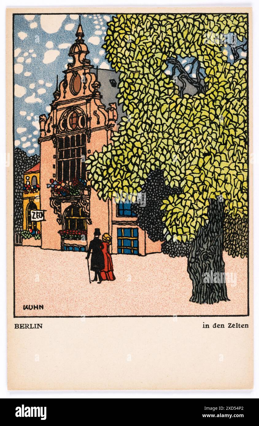 Postkarte mit einem öffentlichen Park namens „in den Zelten“ in Berlin, der 1911 von Franz Bernhard Kuhn für die Wiener Werkstätte geschaffen wurde und Landschaftsgärten und Erholungsräume illustriert. Stockfoto