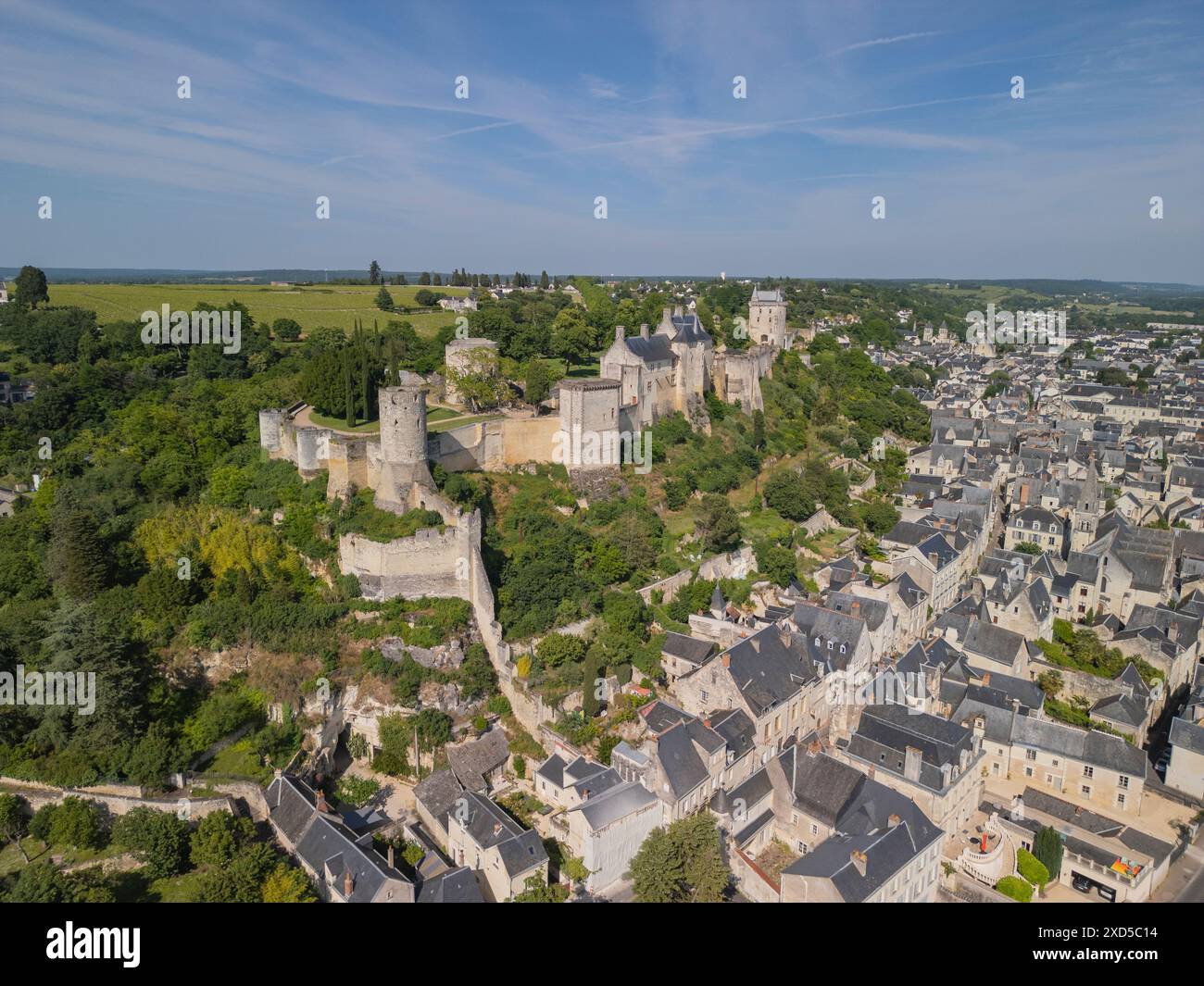 Aus der Vogelperspektive auf Château de Chinon, Königliche Festung von Chinon, forteresse Royale de Chinon und Fluss Vienne, Chinon, Indre et Loire, Frankreich Stockfoto