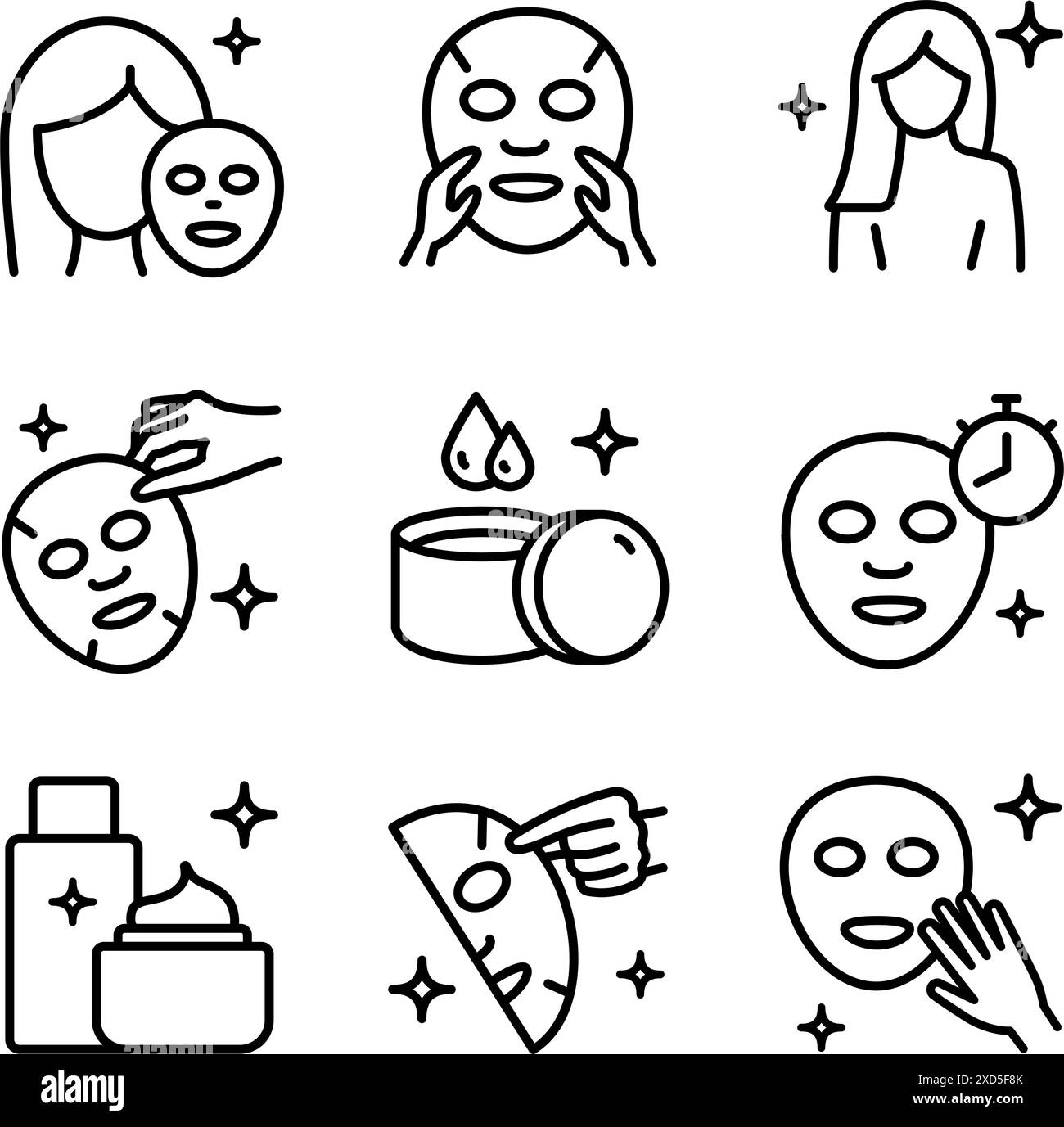 Gesicht, Schönheit, Gesundheit, Frau, gesund, Maske, Reinigungskonzept. Ästhetische Kosmetologie Linie Symbole, Vektorpiktogramm der glänzenden Haut, Anti-Age-Hautpflege. Stock Vektor