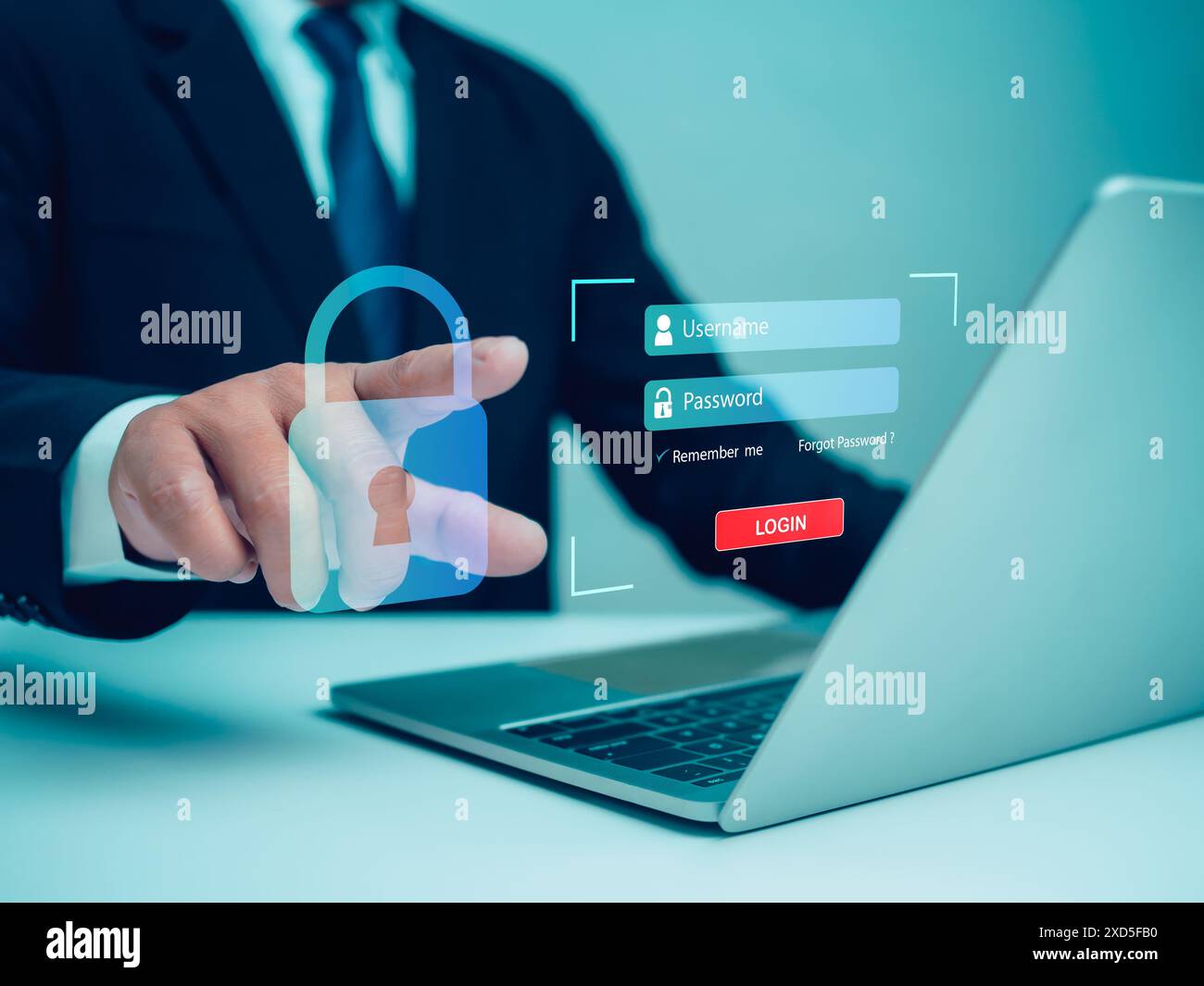 Geschäftsmann, der auf das Anmeldefenster zeigt, Cybersecurity Concept Globale Netzwerksicherheitstechnologie, sicherer Zugriff auf persönliche Benutzerdaten, Secure Int Stockfoto
