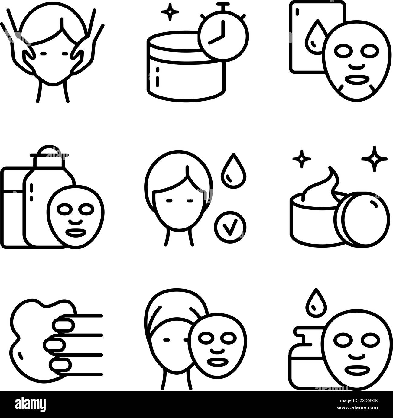 Hautpflegesymbole setzen Vektorillustration. Gesicht, Schönheit, Gesundheit, Frau, gesund, Maske, Reinigungskonzept. Ästhetische Kosmetologie-Linien-Ikonen, Vektorpikto Stock Vektor