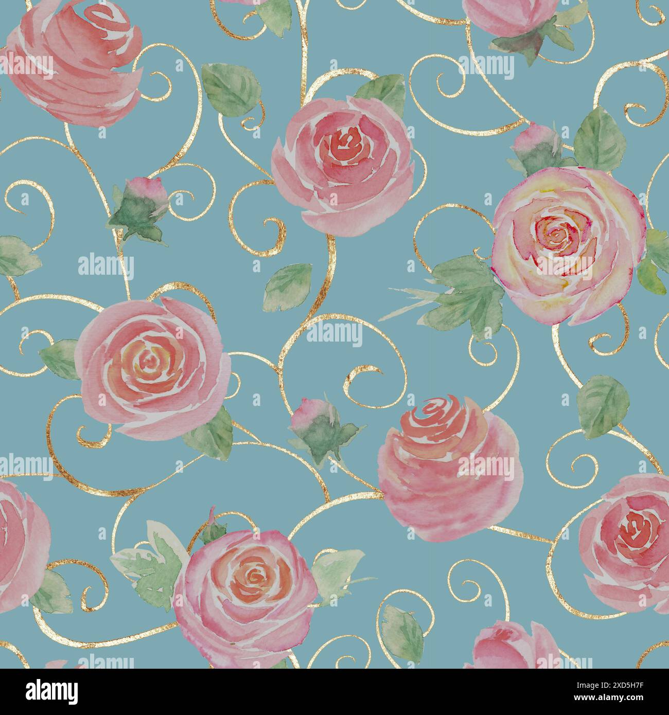 Aquarell Rosen Blumen. Wunderschönes, nahtlos gestimmtes Blumenmuster. Aquarell handgezeichnete botanische Illustration für den Frühling Sommer auf pastellgrünem Hintergrund. P Stockfoto