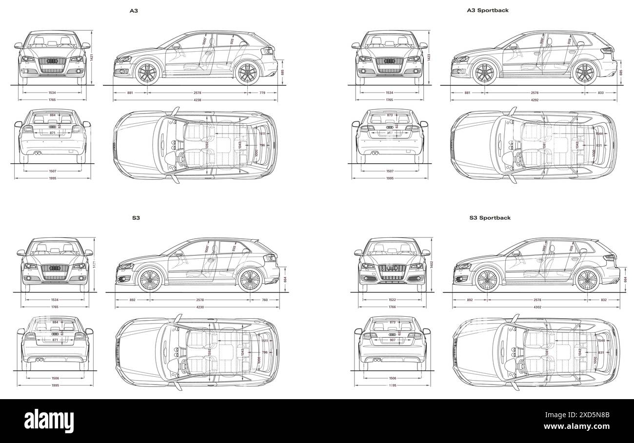 2008-2012 Audi A3 - S3 Pkw-Blueprint Stock Vektor