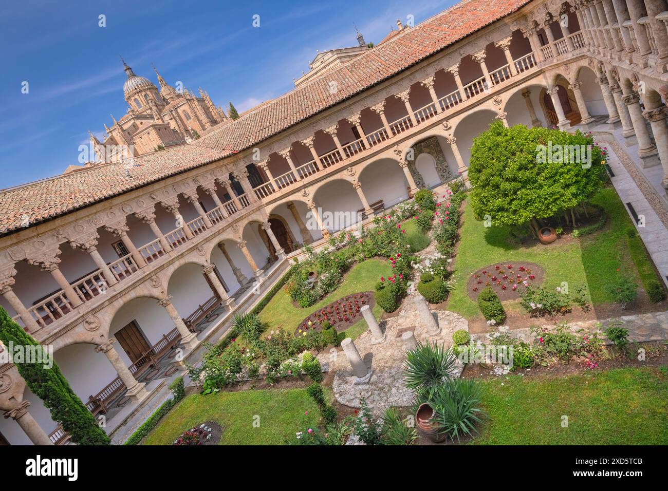 Spanien, Kastilien und Leon, Salamanca, Convento de las Duenas, ein Dominikanerkloster aus dem 15. Und 16. Jahrhundert, Blick vom oberen Kreuzgang mit der Kathedrale von Salamanca im Hintergrund. Stockfoto