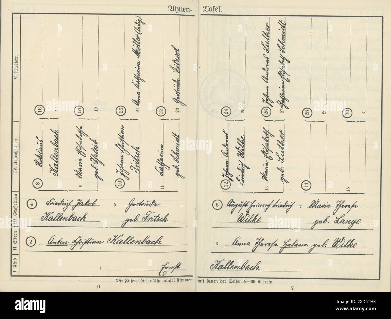 Itterbeck, Deutschland 3. November 2022 eine Ahnentafel aus einem deutschen Dokument um 1933. Die Vorfahren einer Person in einer festen Reihenfolge werden angezeigt. Alle in diesem Dokument erwähnten Personen sind verstorben Stockfoto