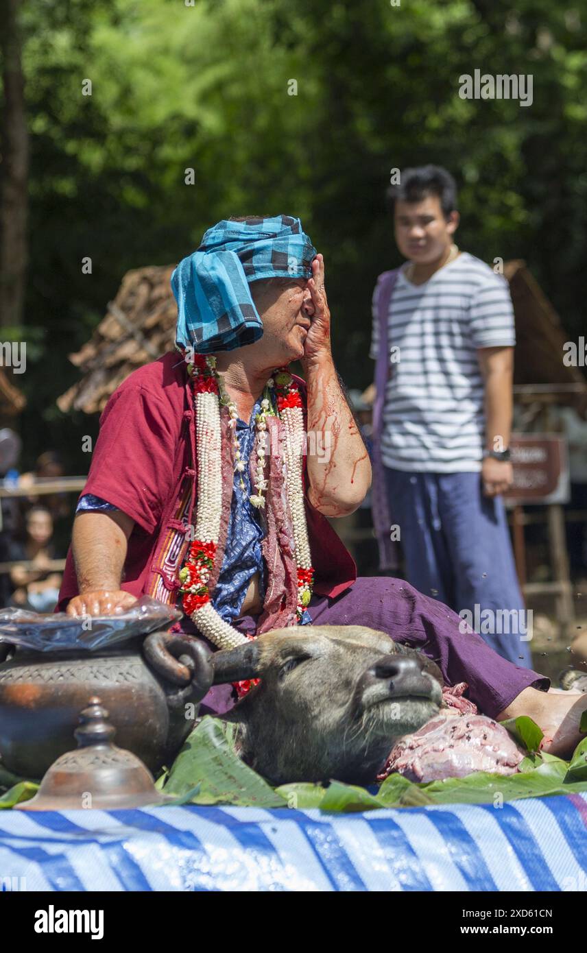 Chiang Mai, Thailand. Juni 2024. (ANMERKUNG DER REDAKTION: Bild enthält Grafikinhalte) Ein von Geistern besessener Thai-Mann wäscht sein Gesicht während des Festivals mit Büffelblut. Das Festival ist einzigartig und wird nicht oft von Außenstehenden beobachtet, sondern wird jährlich in den Ausläufern des Doi Kham Mountain veranstaltet, um zwei alten Riesengeister, Pu SAE und Ya SAE, zu ehren. Quelle: SOPA Images Limited/Alamy Live News Stockfoto