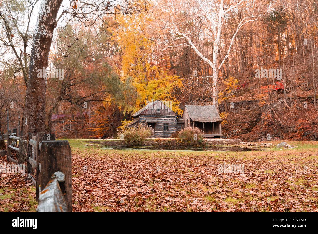 Cuttalossa Scheunenfabrik in Bucks County Pennsylvania mit farbenfrohen Herbstlaub. Stockfoto