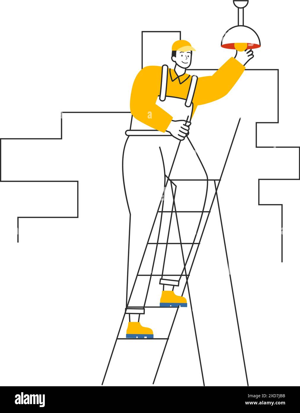 Vektor-Illustration für Beleuchtung und Elektrizität mit einer Glühlampe, einer Lampe und einem Wartungspaneelschrank für Elektroarbeiten des Technikers Stock Vektor