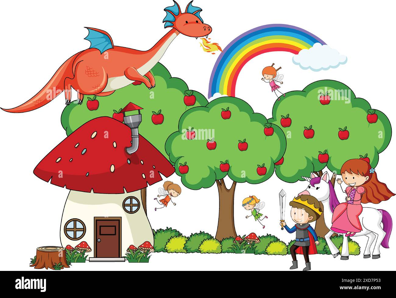 Drache, Feen, Ritter und Prinzessin in magischer Szene Stock Vektor