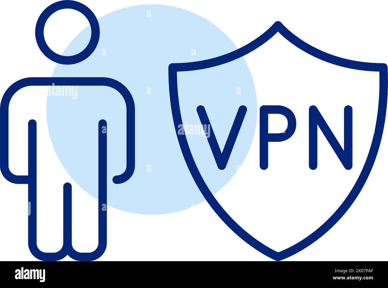 Person und VPN Shield. Verbesserter persönlicher Schutz, sicherer Online-Zugriff. Symbol für Pixelperfekte, bearbeitbare Kontur Stock Vektor
