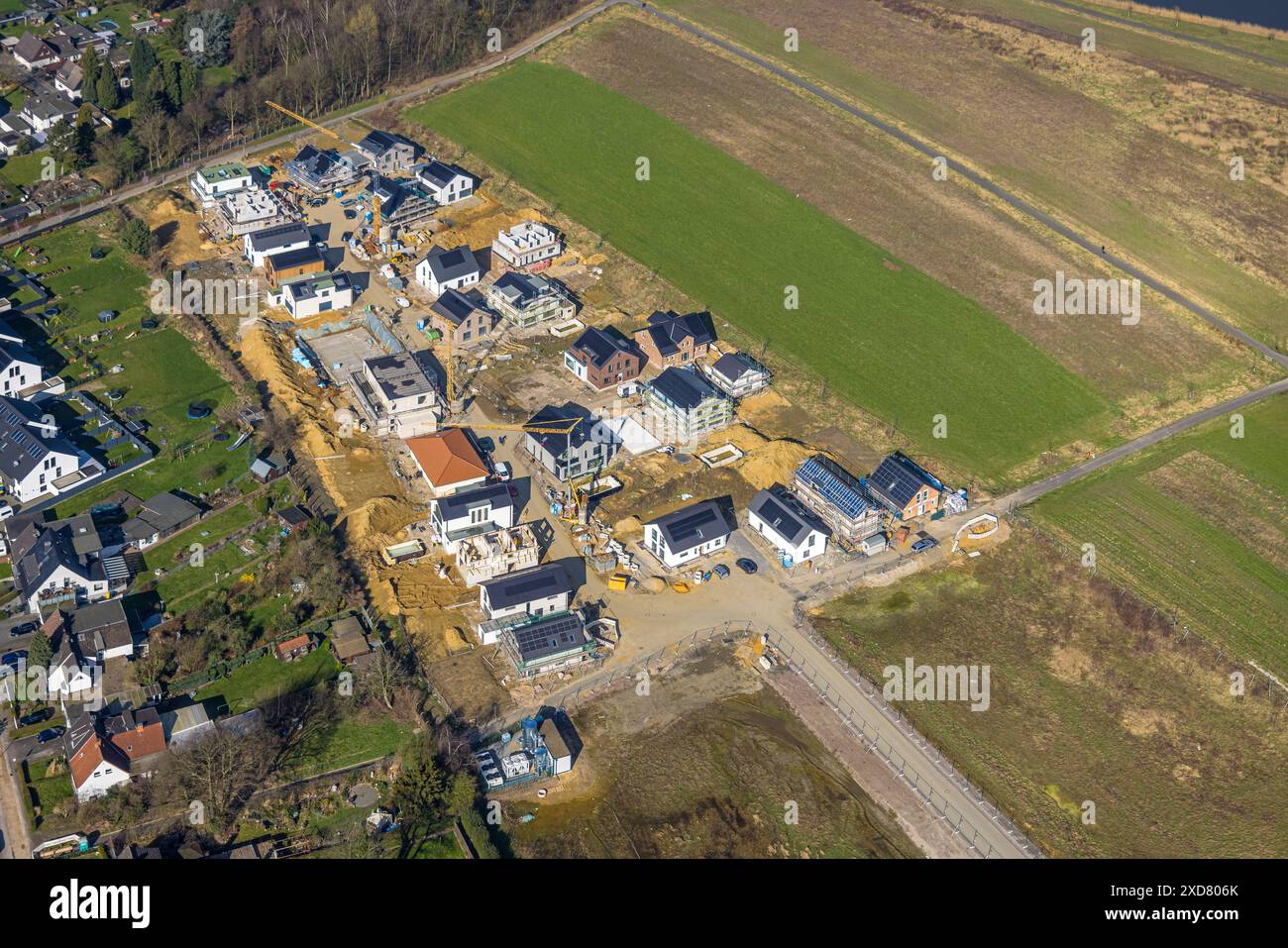 Luftaufnahme, Baustelle und Neubaugebiet WohnSiedlung am Glückauf Park Hassel - Park des Wandels, Hassel, Gelsenkirchen, Ruhrgebiet, NOR Stockfoto