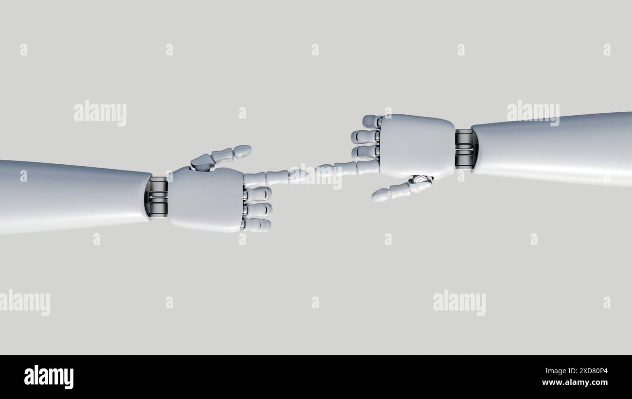 3D-Rendering von Nahaufnahmen isolierter Roboterhände, KI-Technologie-Assistent Stockfoto