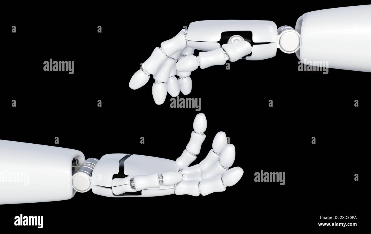 3D-Rendering von Nahaufnahmen isolierter Roboterhände, KI-Technologie-Assistent Stockfoto