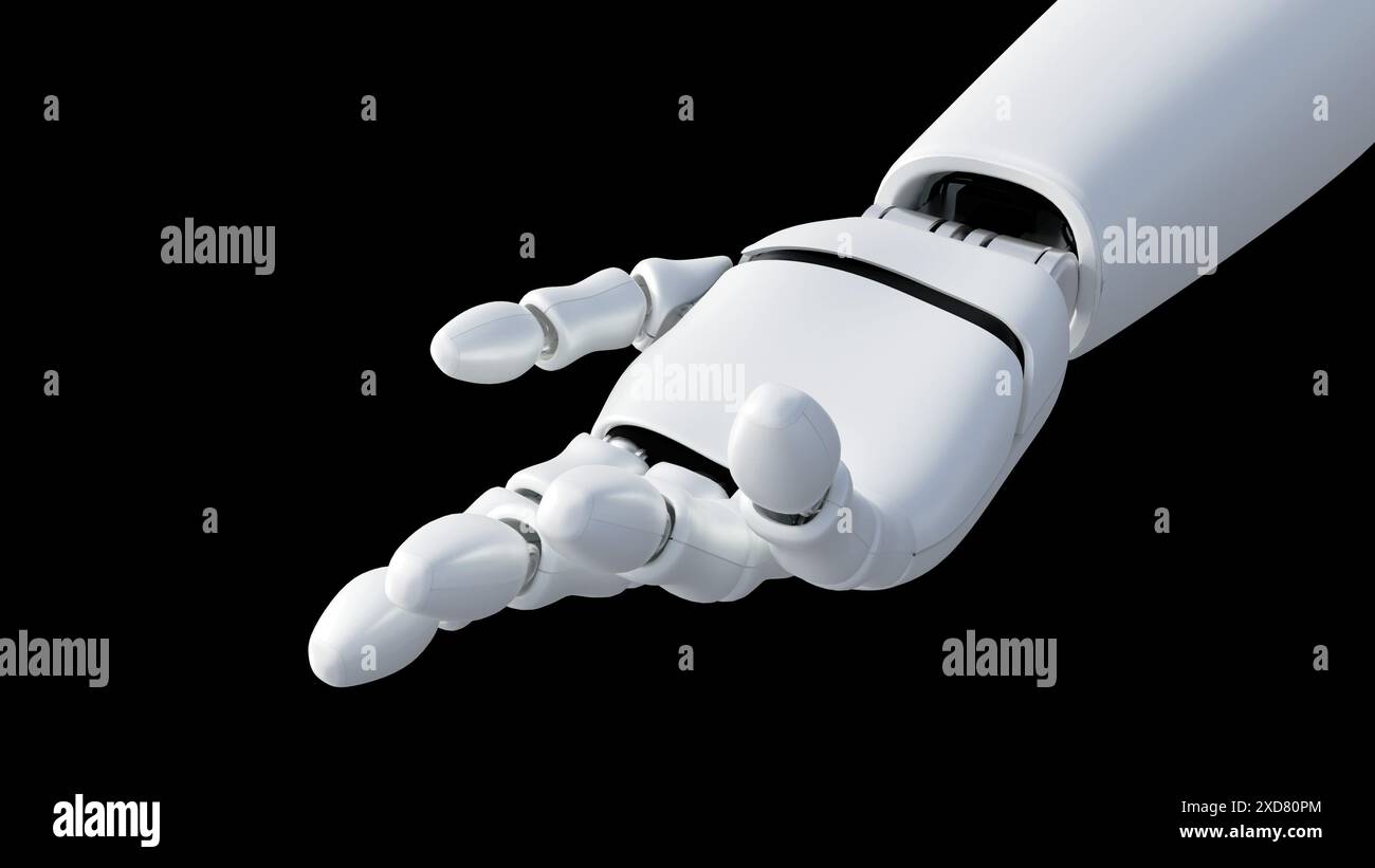 3D-Rendering von Nahaufnahmen isolierter Roboterhände, KI-Technologie-Assistent Stockfoto