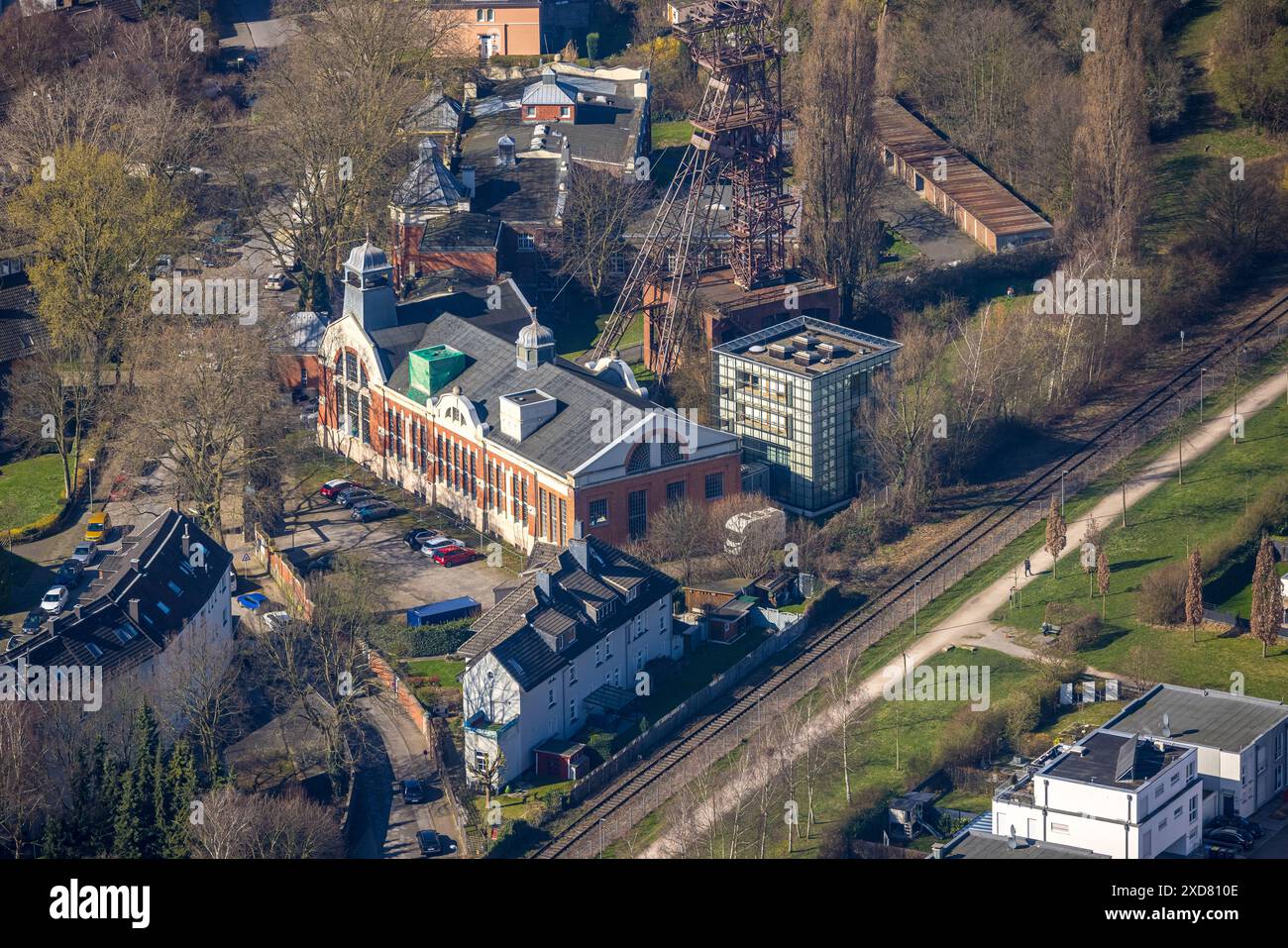 Luftansicht, stadt.bau.Raum Gebäude, Veranstaltungsort unter Denkmalschutz, Oberschuirschacht mit Wendeturm, Feldmark, Gelsenkirchen, Ruhr sind Stockfoto