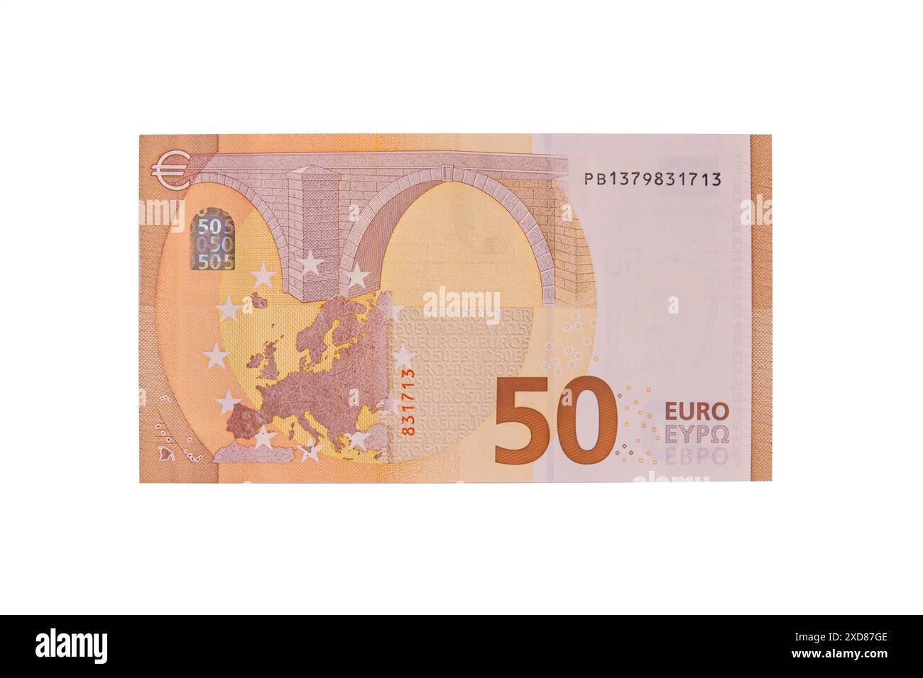 Nahaufnahme von 50 Euro-Banknoten auf weißem Hintergrund. Stockfoto