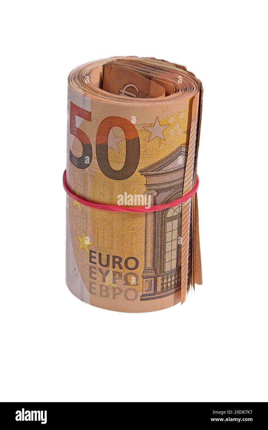 Nahaufnahme von 50 Euro, isoliert auf weißem Hintergrund. Stockfoto