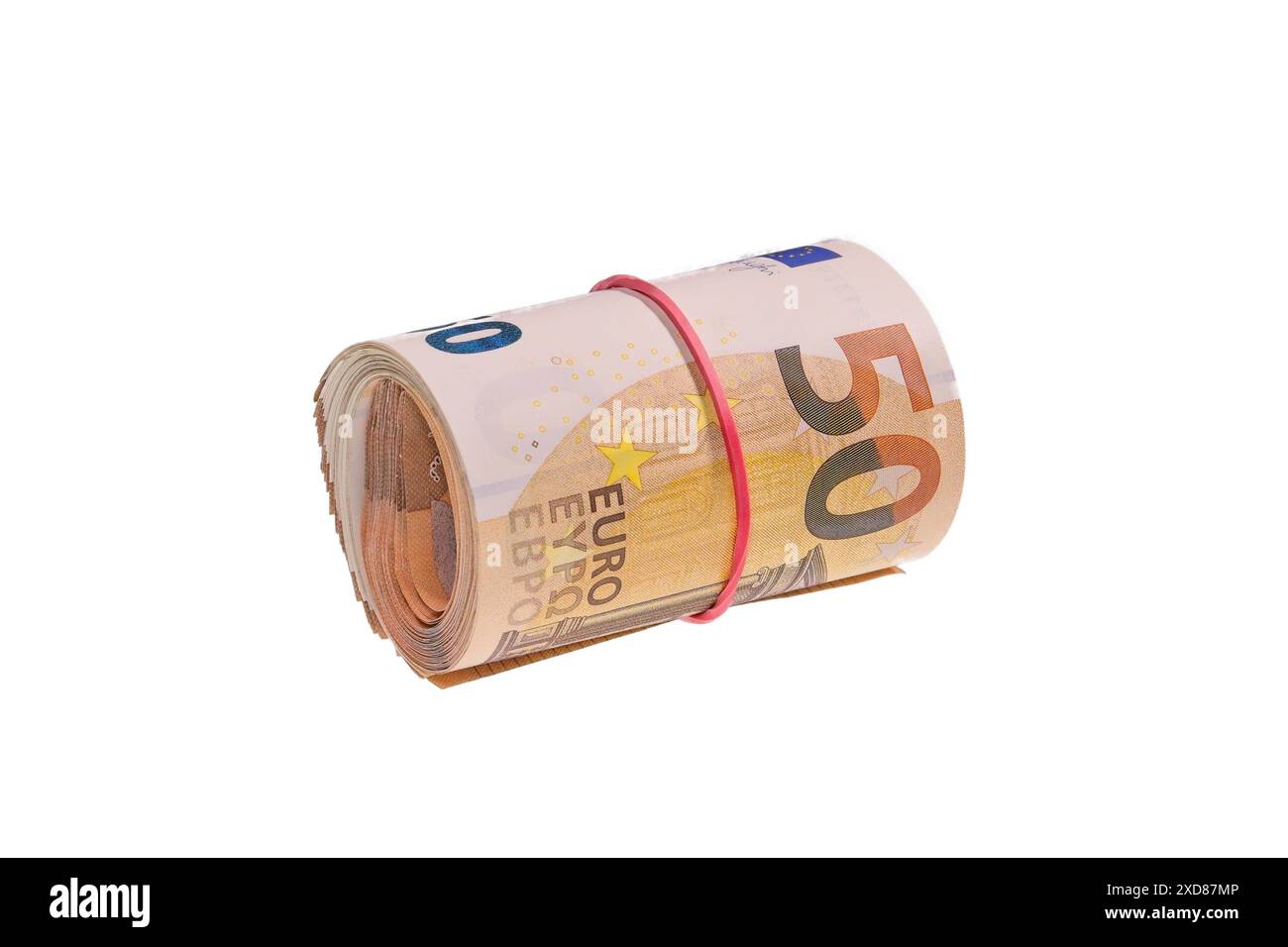 Nahaufnahme von 50 Euro, isoliert auf weißem Hintergrund. Stockfoto