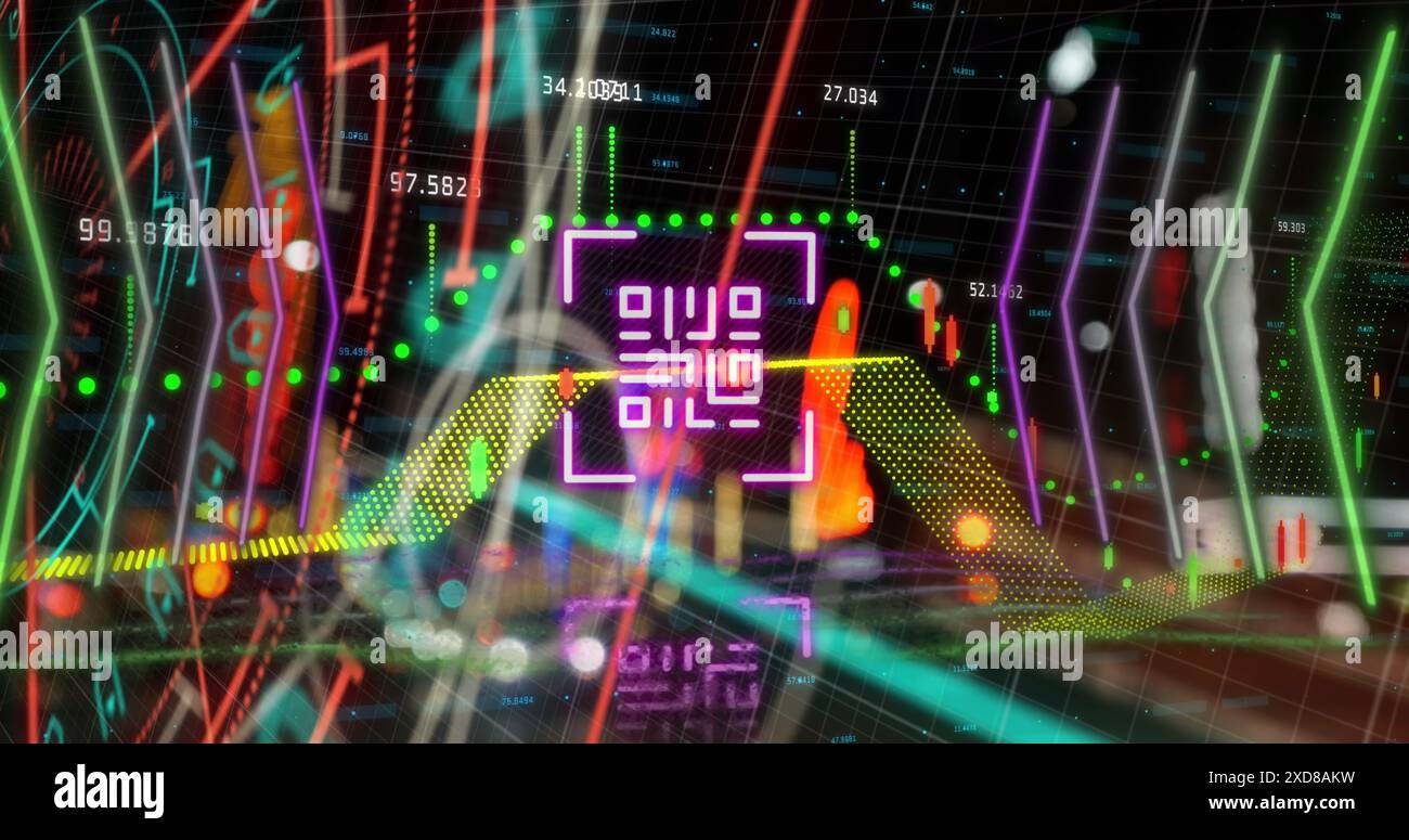 Bild des Neon-qr-Code-Scanners und der Verarbeitung von Finanzdaten gegen Nachtverkehr in der Stadt Stockfoto