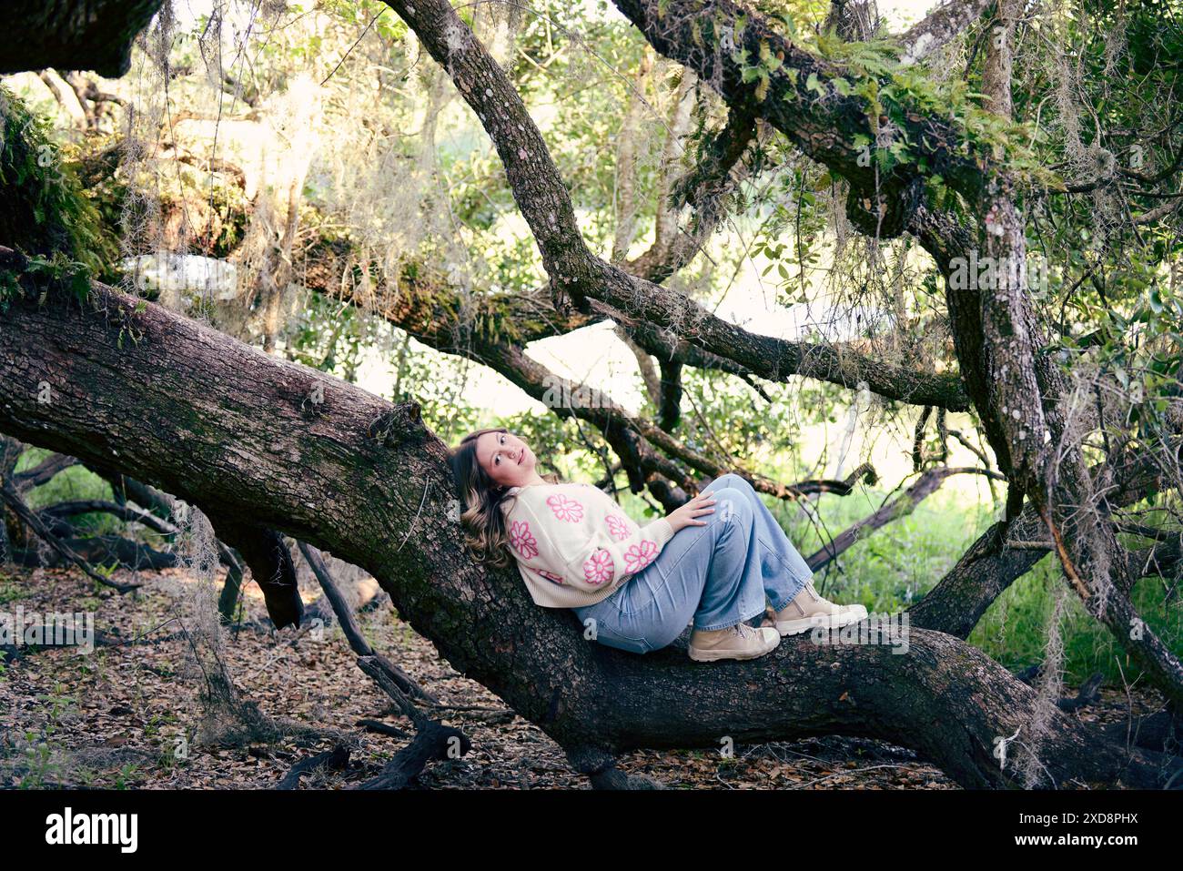 Trendige junge Frau mit blonden Haaren liegt auf einem großen Baumstamm Stockfoto
