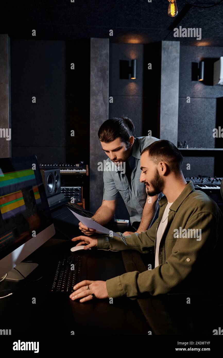 Zwei Männer in einem Aufnahmestudio konzentrieren sich während einer Probe der Musikband intensiv auf ihren Computerbildschirm. Stockfoto