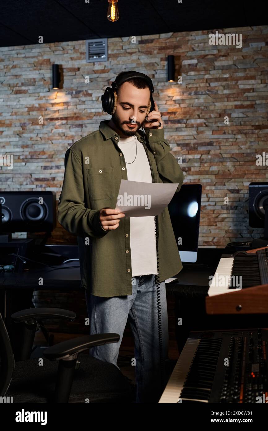 Ein Mann mit Kopfhörern steht selbstbewusst vor einem Aufnahmestudio, bereit für eine Musikbandprobe. Stockfoto