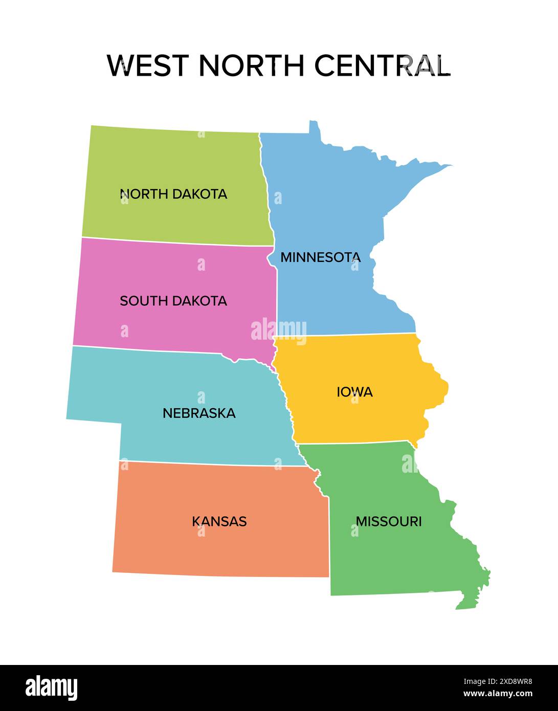 West North Central states, mehrfarbige politische Karte. United States Census Division der Region Mittlerer Westen. Stockfoto