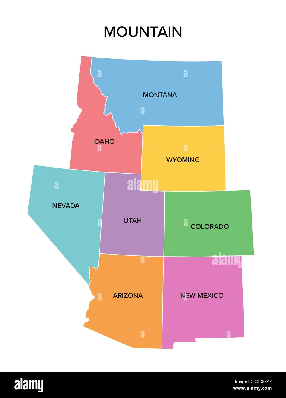 bergstaaten, mehrfarbige politische Karte. United States Census Division of the West Region. Stockfoto