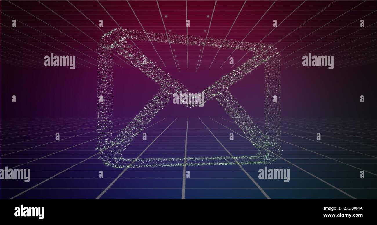 Bild des Nachrichtensymbols über dem Gitternetzwerk vor violettem Hintergrund Stockfoto