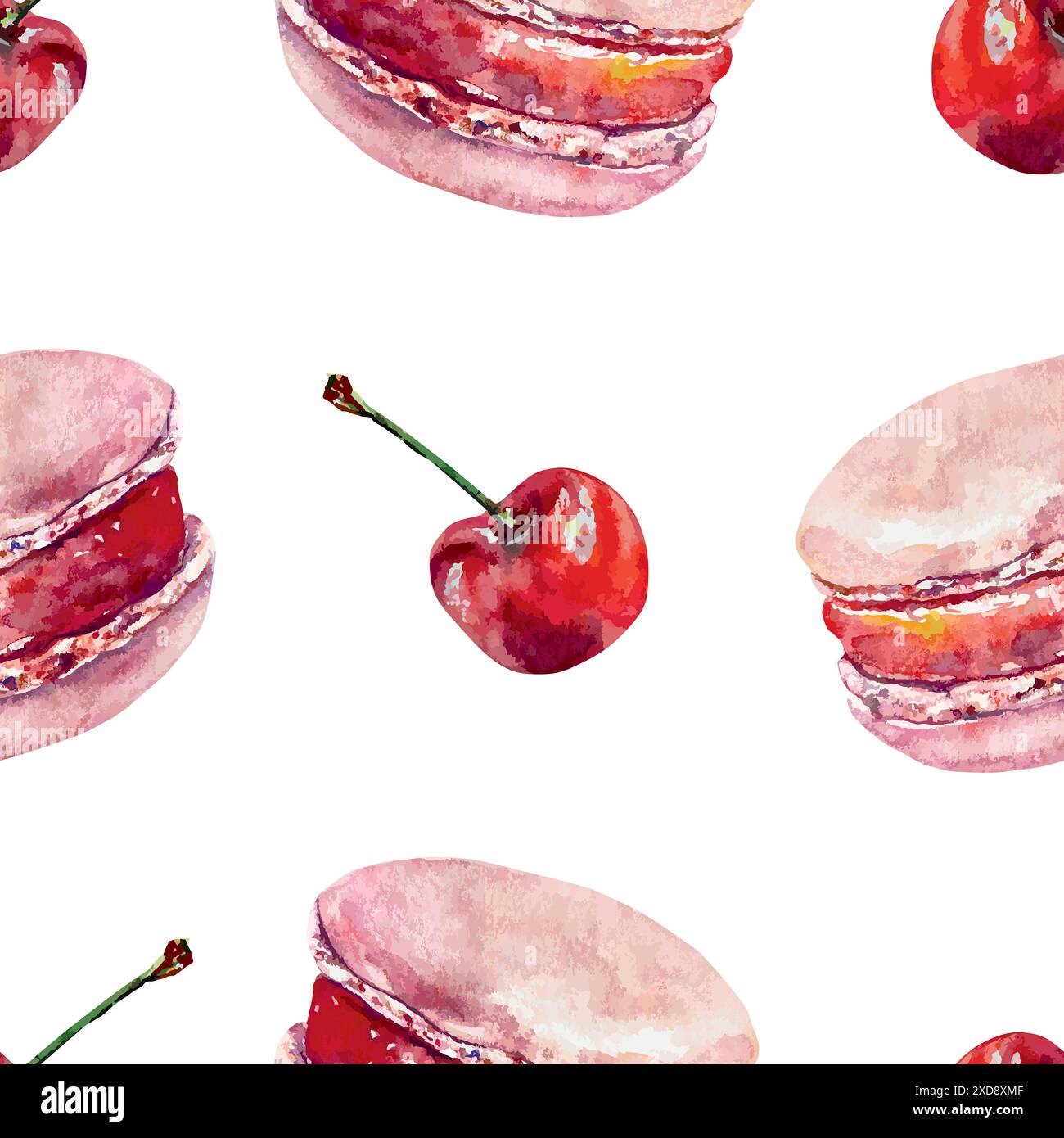 Macaron-Kuchen und Kirsche, nahtloses Aquarellmuster. Vektorabbildung. Vorlage für Café-Menü, Geburtstagskarten, Einladungen, Umschläge, Geschenkpapier Stock Vektor