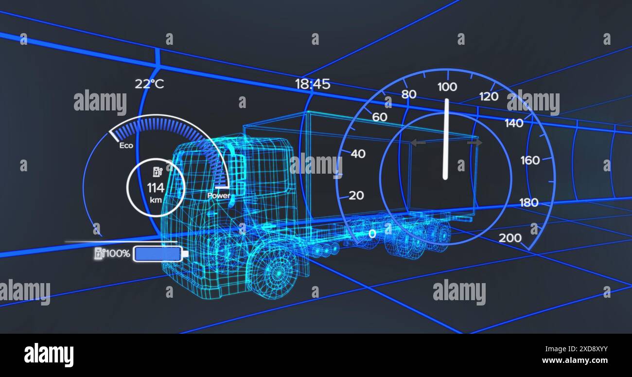 Bild der Autoschnittstelle über einem digitalen Lkw auf schwarzem Hintergrund Stockfoto