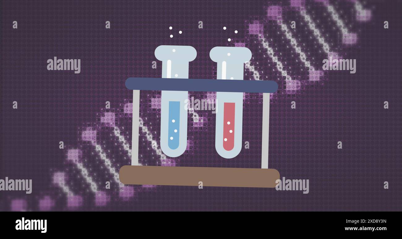 Bild der Chemieschule und dna-Strang auf violettem Hintergrund Stockfoto