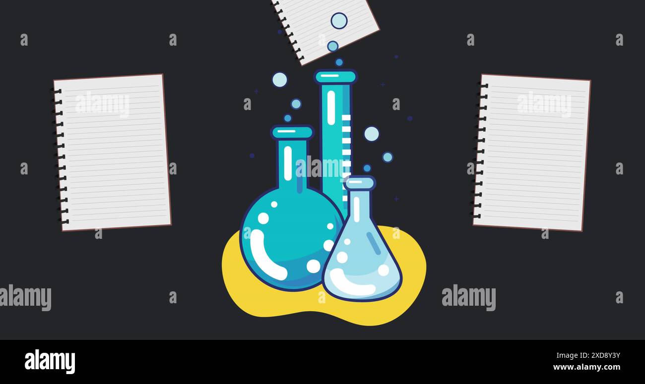 Abbildung der Schulsymbole für Chemie und Notizbücher auf schwarzem Hintergrund Stockfoto