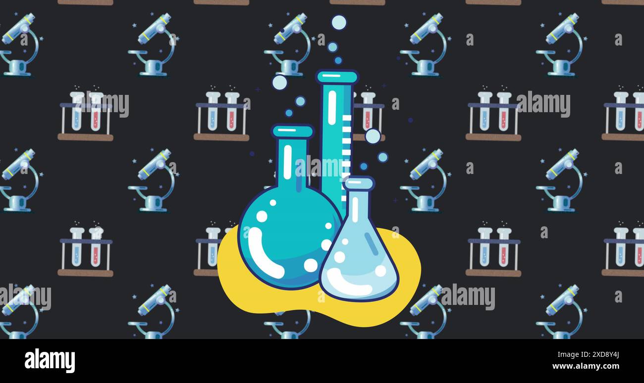 Bild der Chemie- und Teleskopschulsymbole auf schwarzem Hintergrund Stockfoto