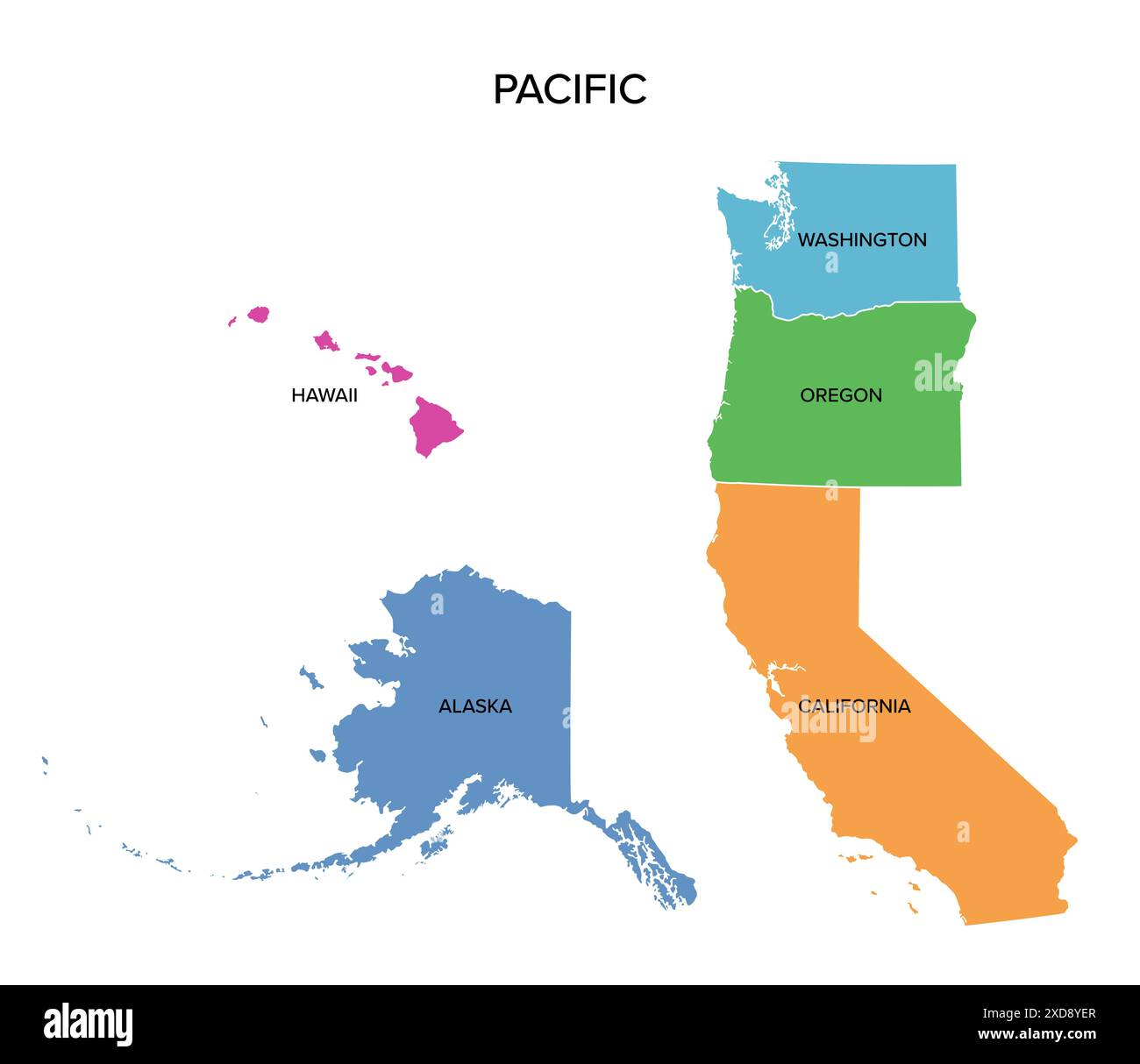 pazifikstaaten, die Westküste der Vereinigten Staaten, mehrfarbige politische Karte. United States Census Division of the West Region. Stockfoto