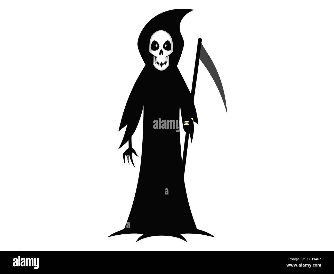 Schwarze Silhouette des Sensenmanns isoliert auf weißem Hintergrund. Konzept des Todes, gruselige Figur, minimalistischer Stil, Halloween. Druck, digitale Kunst, Stock Vektor