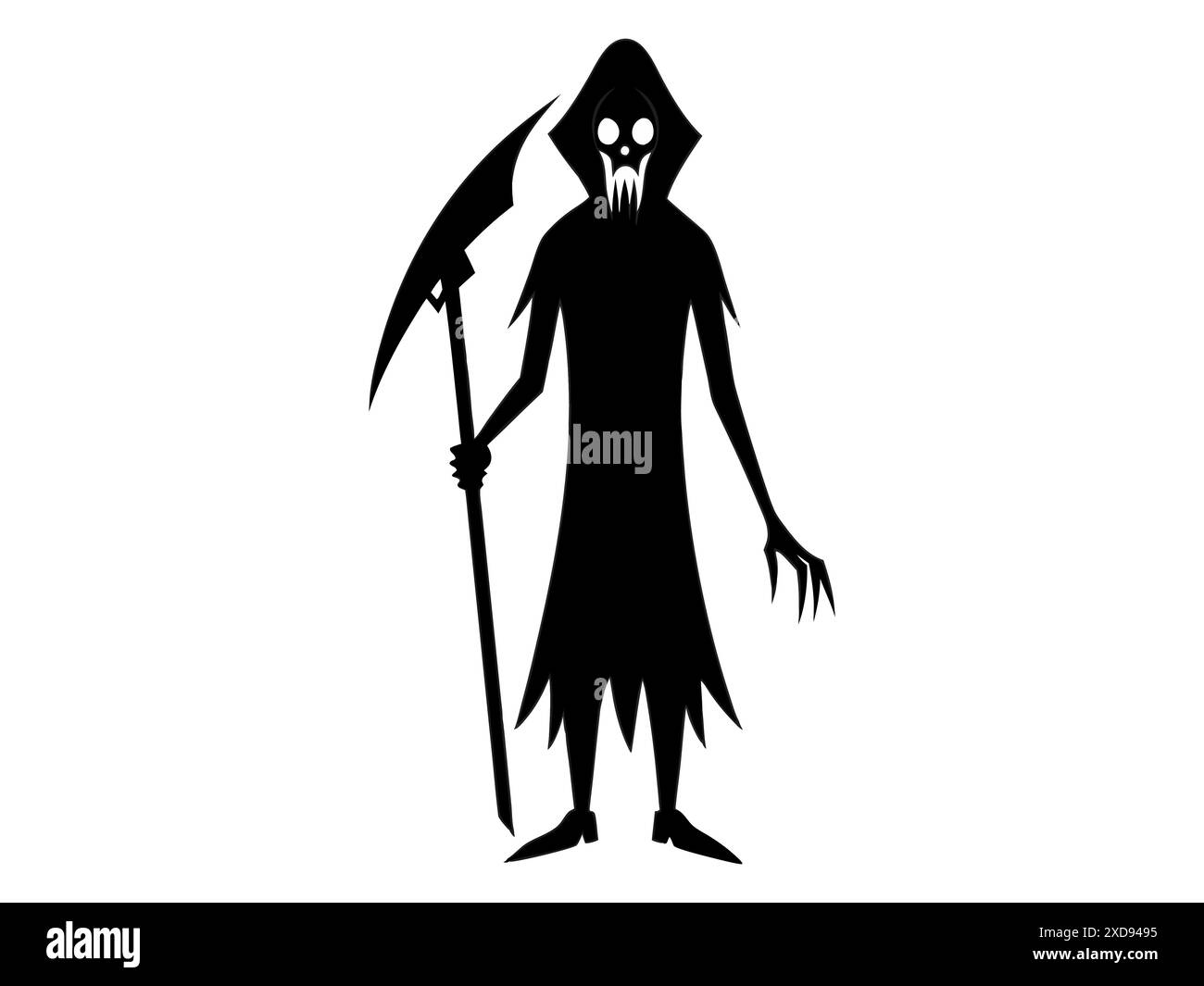 Schwarze Silhouette des Sensenmanns isoliert auf weißem Hintergrund. Konzept des Todes, gruselige Figur, minimalistischer Stil, Halloween. Druck, digitale Kunst, Stock Vektor